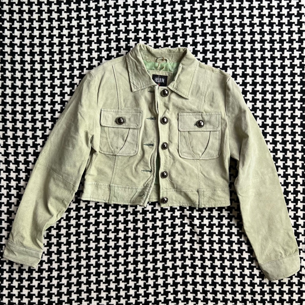 Vintage y2k Helium brand - cropped pastel green leather button down jacket.